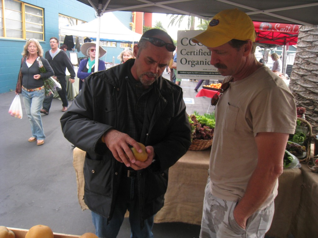 Discussing the merits of the Pear Apple with a fruit seller in the street market...
