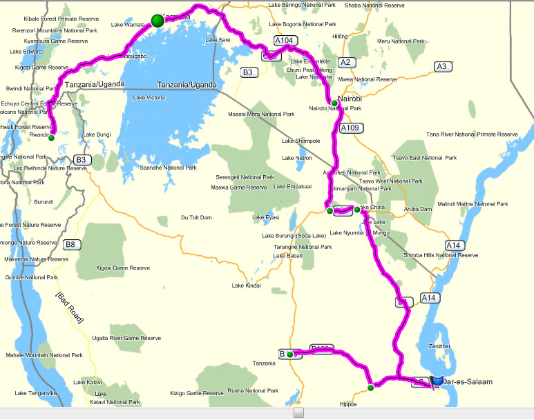 Dodoma to Kigali via Dar-es-Salaam and Nairobi