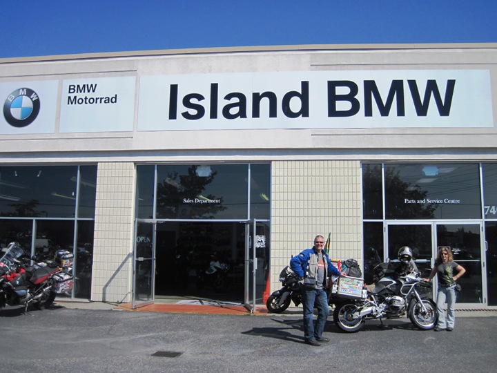 Trevor and Chenty pose with the Big Fella outside Island BMW, Victoria, Vancouver Island...